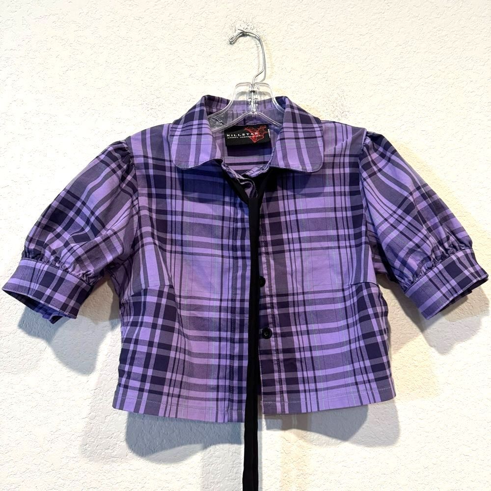 Killstar Purple Plaid Cropped Top Heart Buttons on Cuffs Black Tie Front sz M